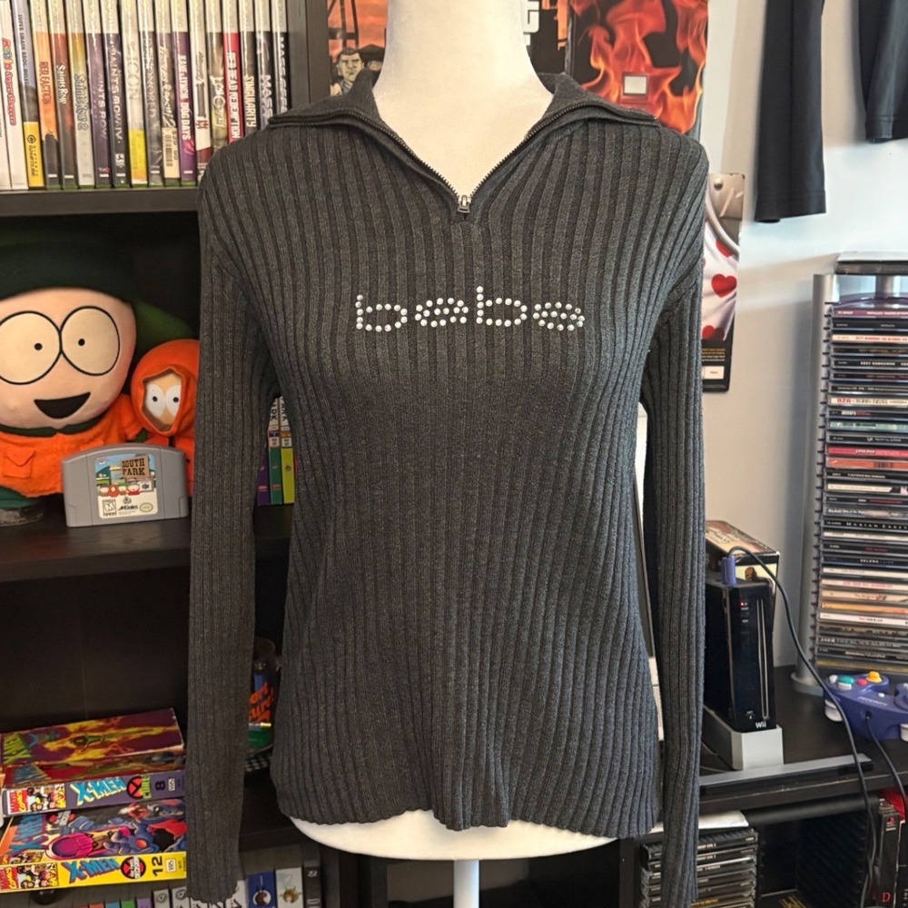 00s Y2K Style Bebe Womens Gray Ribbed Quarter Zip Rhinestone‎ Logo Sweater Large